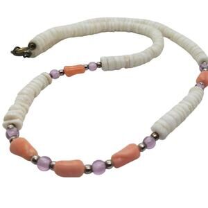 Vintage Necklace Hawaiian Puka Seashell Coral Accents & Amethyst Color Beads